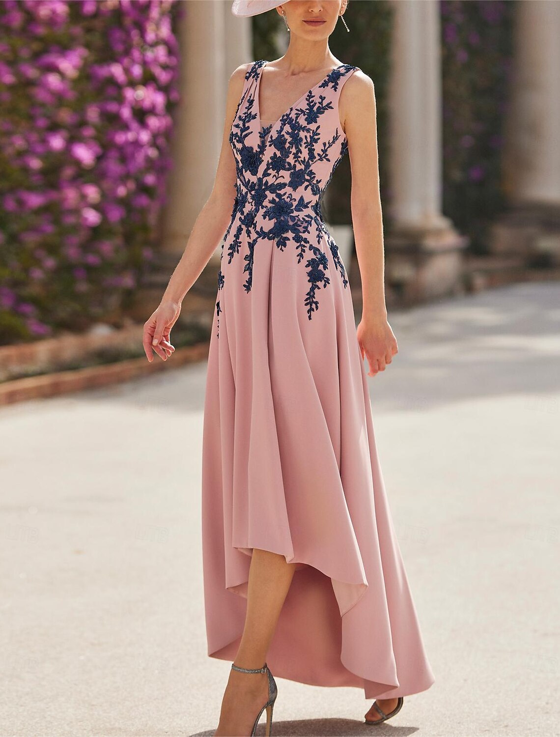 Buyishang A-Line Mother of the Bride Dress Formal Wedding Guest Elegant Vintage V Neck Asymmetrical Satin Short Sleeve with Pleats Appliques Flower free custom size