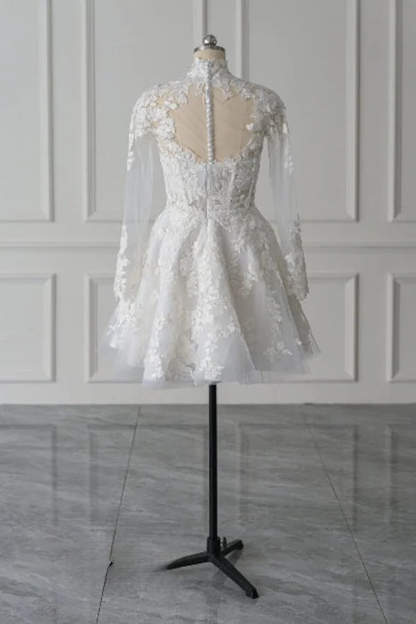 Buyishang Short White A-Line Illusion Neck Long Sleeves Lace Wedding Dresses