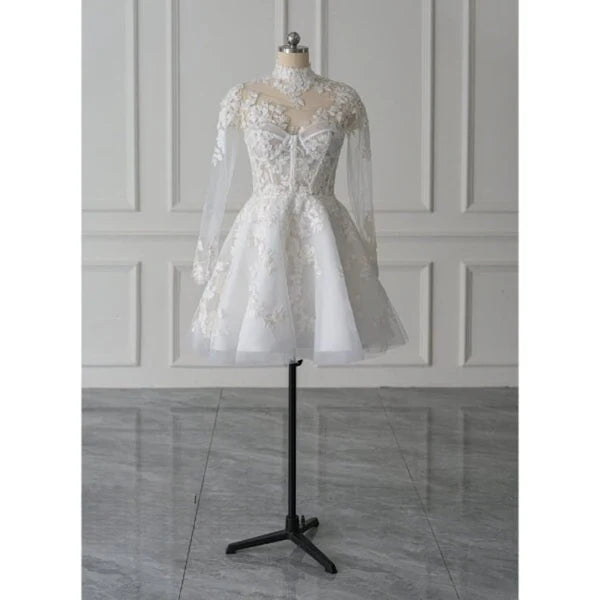 Buyishang Short White A-Line Illusion Neck Long Sleeves Lace Wedding Dresses