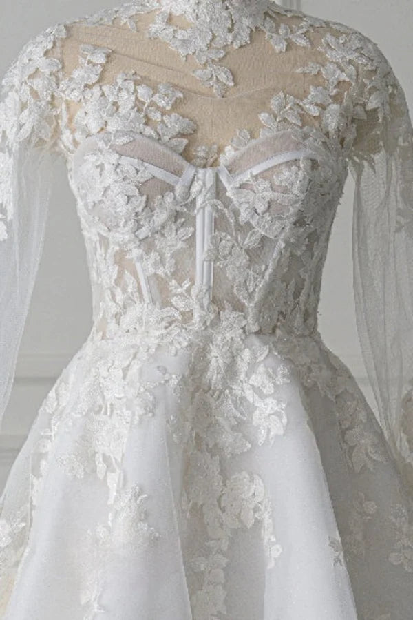 Buyishang Short White A-Line Illusion Neck Long Sleeves Lace Wedding Dresses