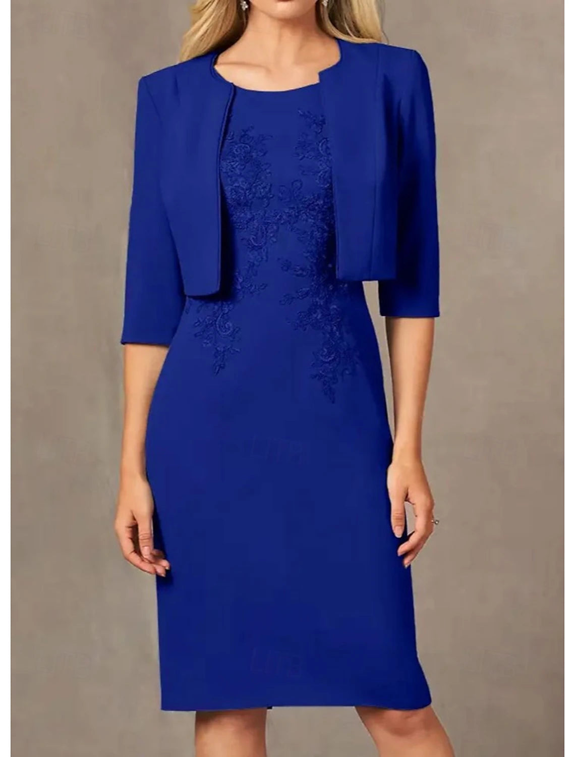 Buyishang Two Piece Sheath / Column Dress Suit Mother of the Bride Dress Elegant Simple Jewel Neck Knee Length Stretch Fabric 3/4 Length Sleeve Jacket Dresses with Embroidery Appliques