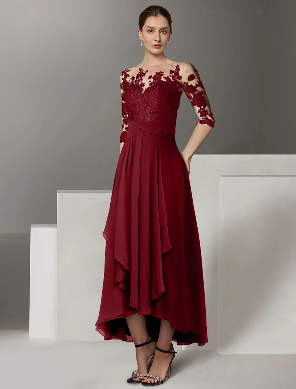 Buyishang A-Line Cocktail Dresses Elegant Dress Wedding Guest Asymmetrical 3/4 Length Sleeve Jewel Neck Stretch Satin with Appliques free custom size
