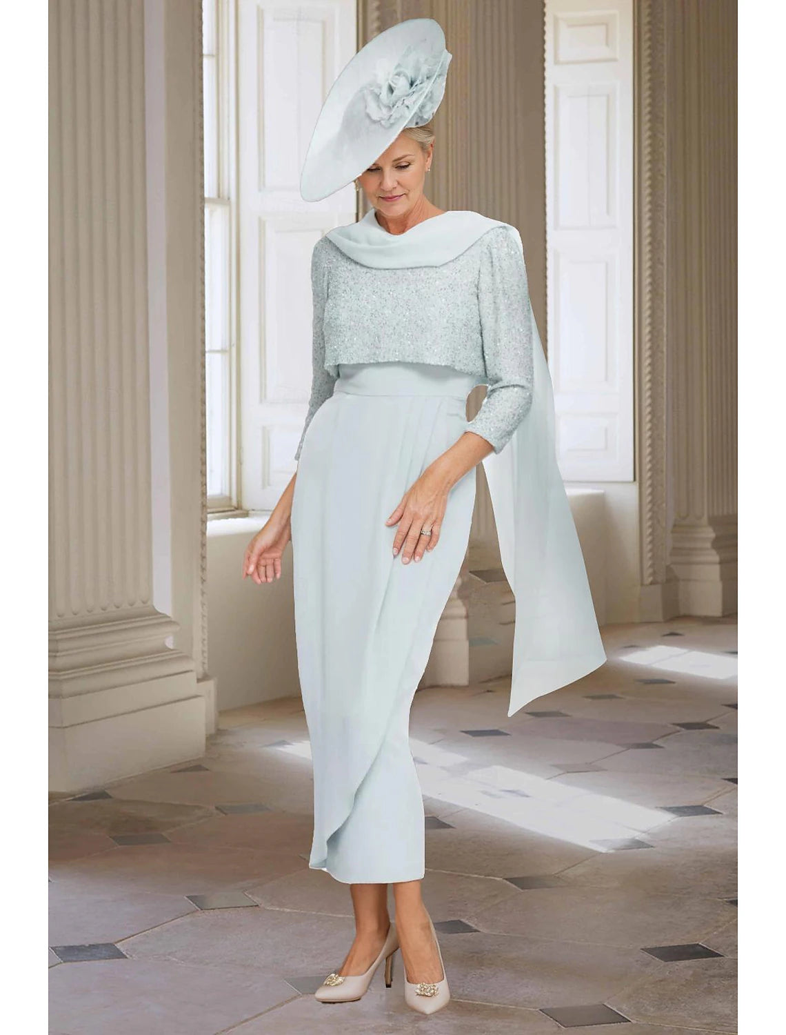 Buyishang Two Piece Sheath / Column Mother of the Bride Dress Elegant Jewel Neck Tea Length Chiffon 3/4 Length Sleeve with Solid Color free custom size