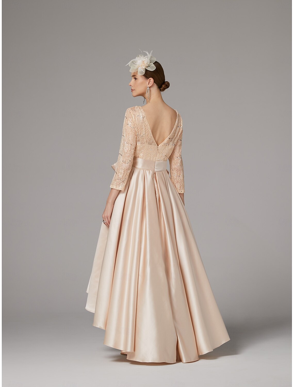 Buyishang A-Line Dress Mother of the Bride Dress Elegant Plus Size High Low Jewel Neck Asymmetrical Satin Lace 3/4 Length Sleeve with Sash / Ribbon Appliques