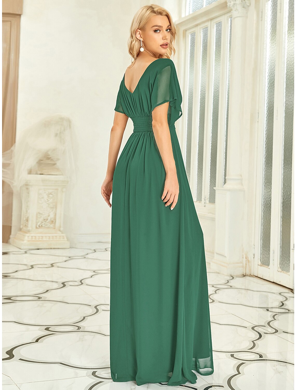 A-Line Elegant Formal Evening Dress V Neck Short Sleeve Floor Length Chiffon with Draping