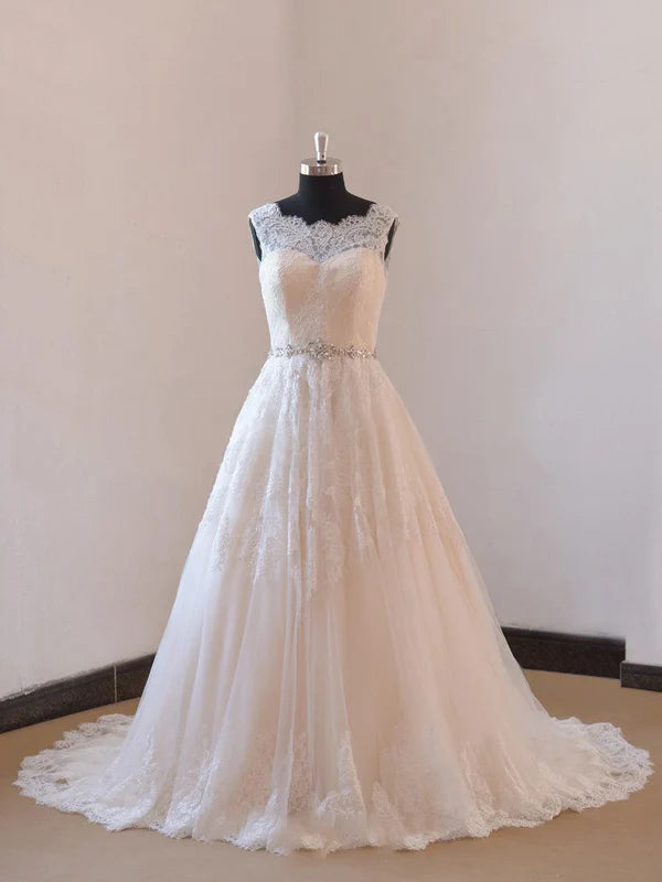 Buyishang Ivory a Line Champange Blush Lining Lace Wedding Dress With Illusion Neckline