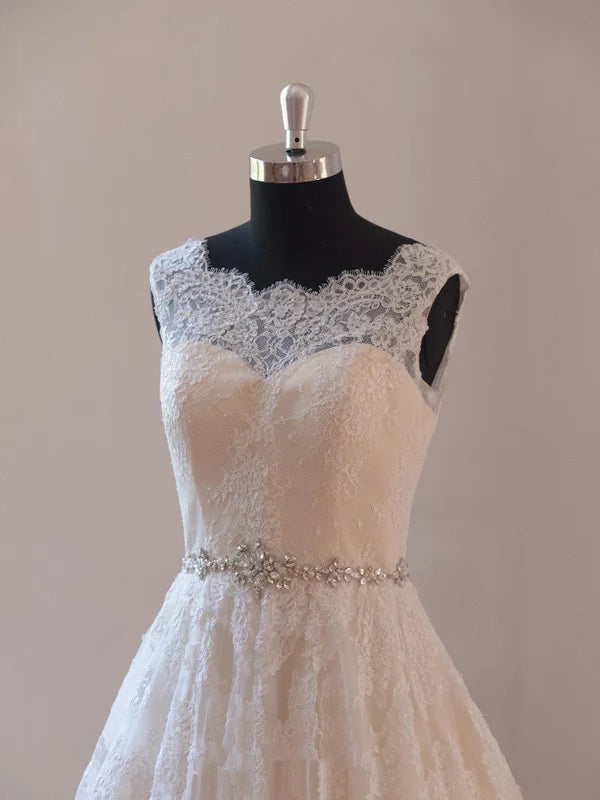 Buyishang Ivory a Line Champange Blush Lining Lace Wedding Dress With Illusion Neckline