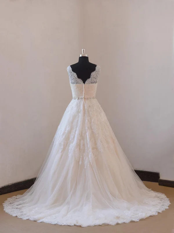 Buyishang Ivory a Line Champange Blush Lining Lace Wedding Dress With Illusion Neckline