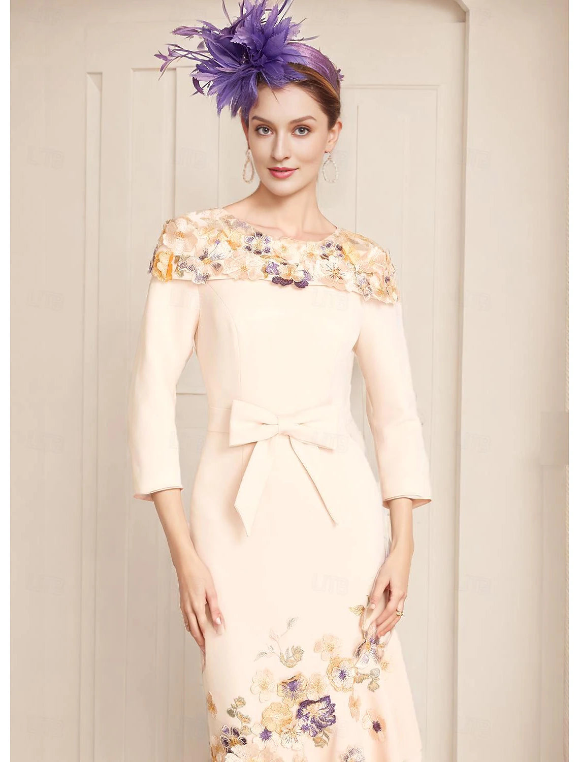 Buyishang Mermaid / Trumpet Mother of the Bride Dress Formal Wedding Guest Elegant Vintage Off Shoulder Tea Length Lace Stretch Fabric 3/4 Length Sleeve with Bow(s) Pleats free custom size