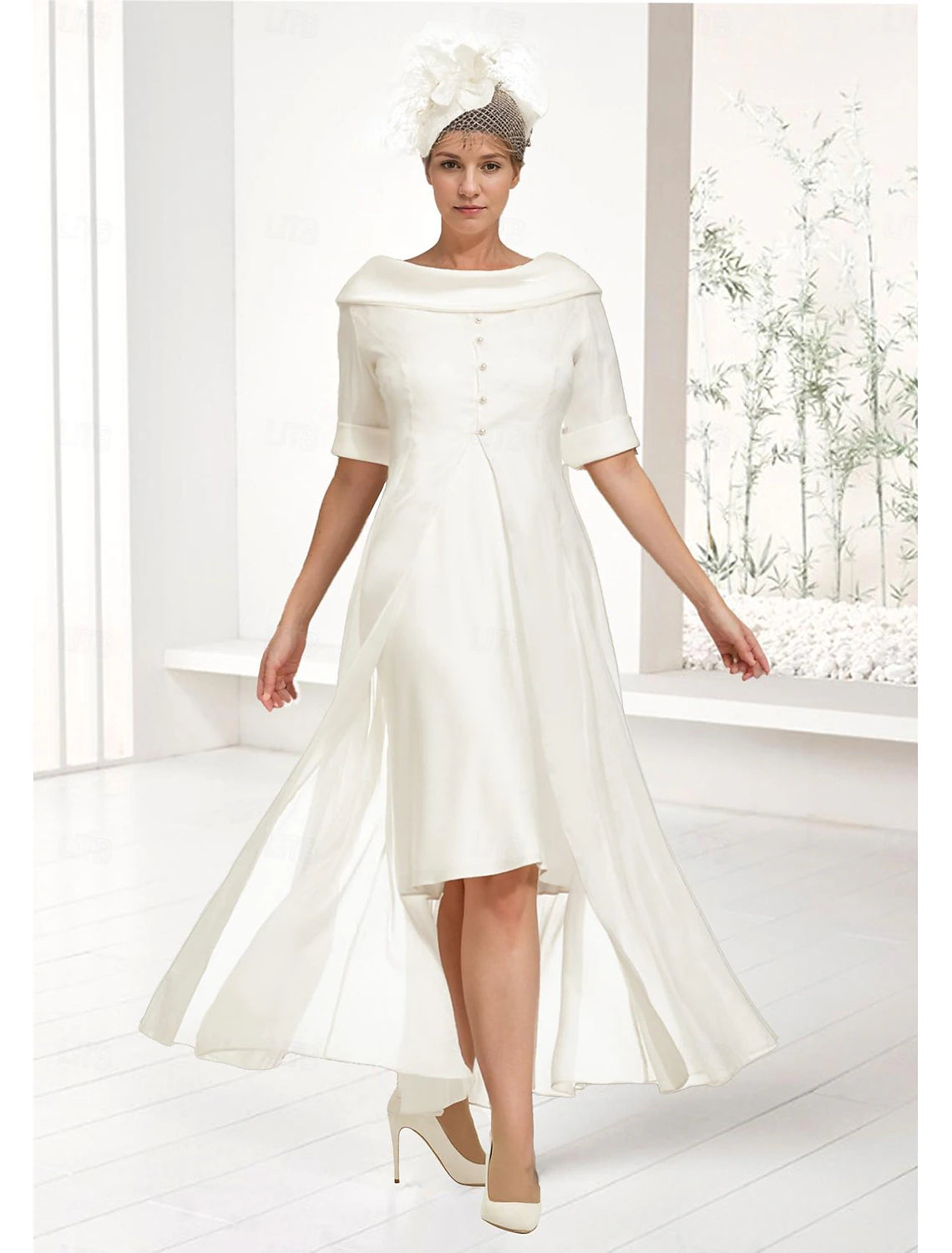 Buyishang Two Piece Sheath / Column Mother of the Bride Dress Elegant Off Shoulder Knee Length Chiffon Half Sleeve Wrap Included with Buttons Solid Color free custom size