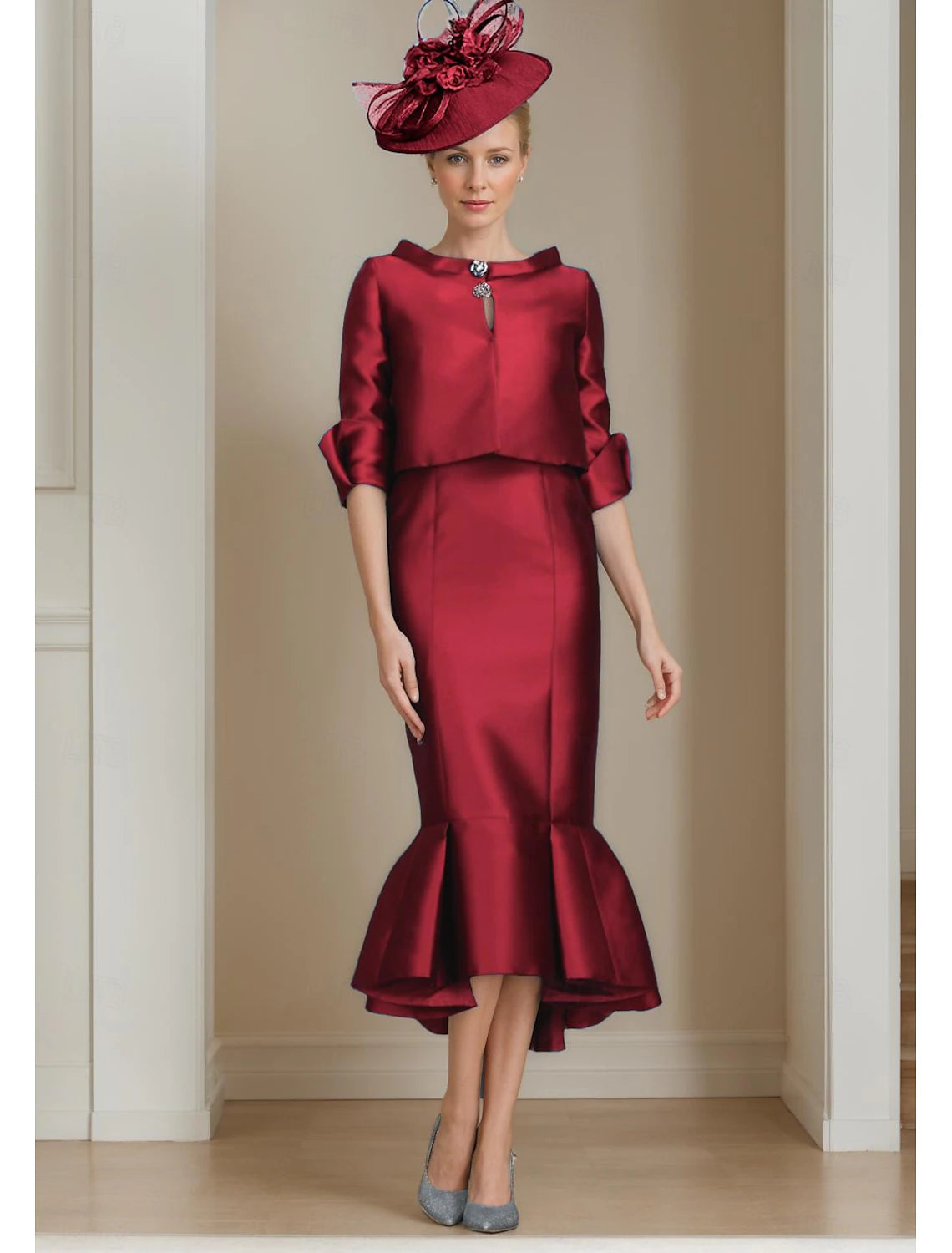 Buyishang Two Piece Mermaid / Trumpet Mother of the Bride Dress Formal Wedding Guest Elegant Jewel Neck Tea Length Satin Half Sleeve with Buttons free custom size