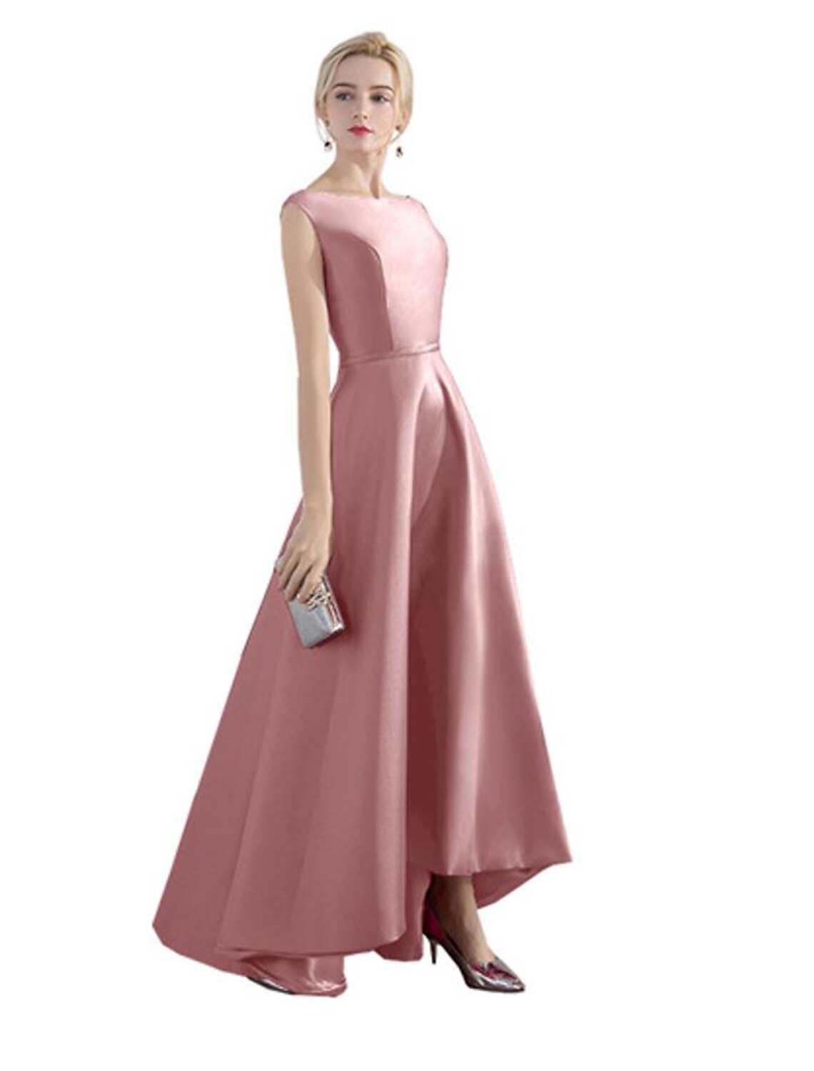 A-Line Evening Gown Minimalist Dress Party Wear Formal Evening Asymmetrical Sleeveless Jewel Neck Satin with Sleek