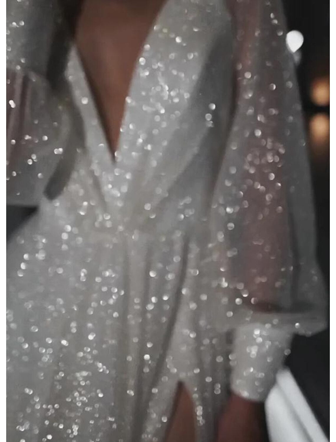 Buyishang Beach Wedding Dresses A-Line V Neck Long Sleeve Floor Length Sequined Bridal Gowns With Solid Color