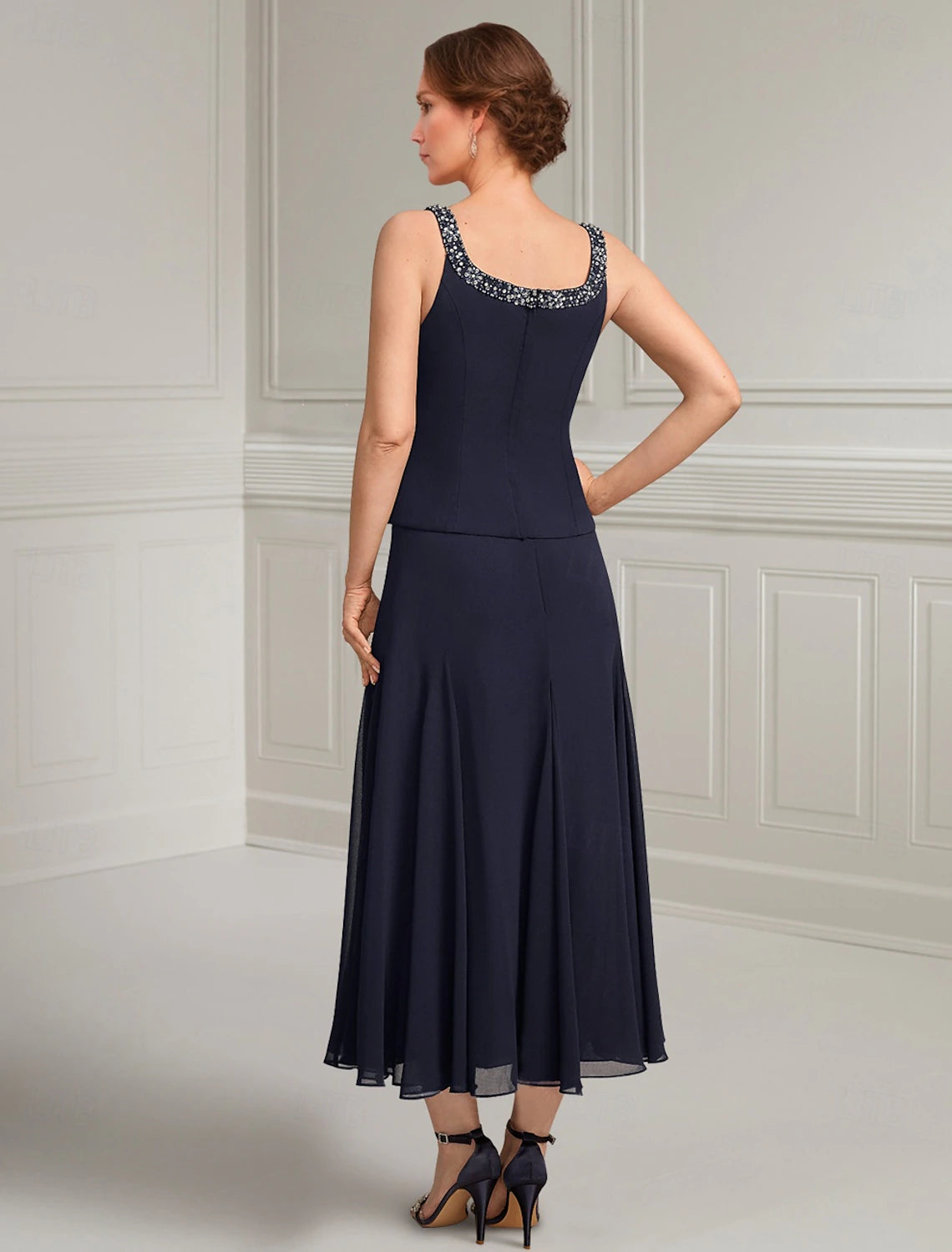 Buyishang A-Line 3 Piece Mother of the Bride Dress Elegant Simple Jewel Neck Ankle Length Chiffon 3/4 Length Sleeve with Beading Cascading Ruffles Solid Color