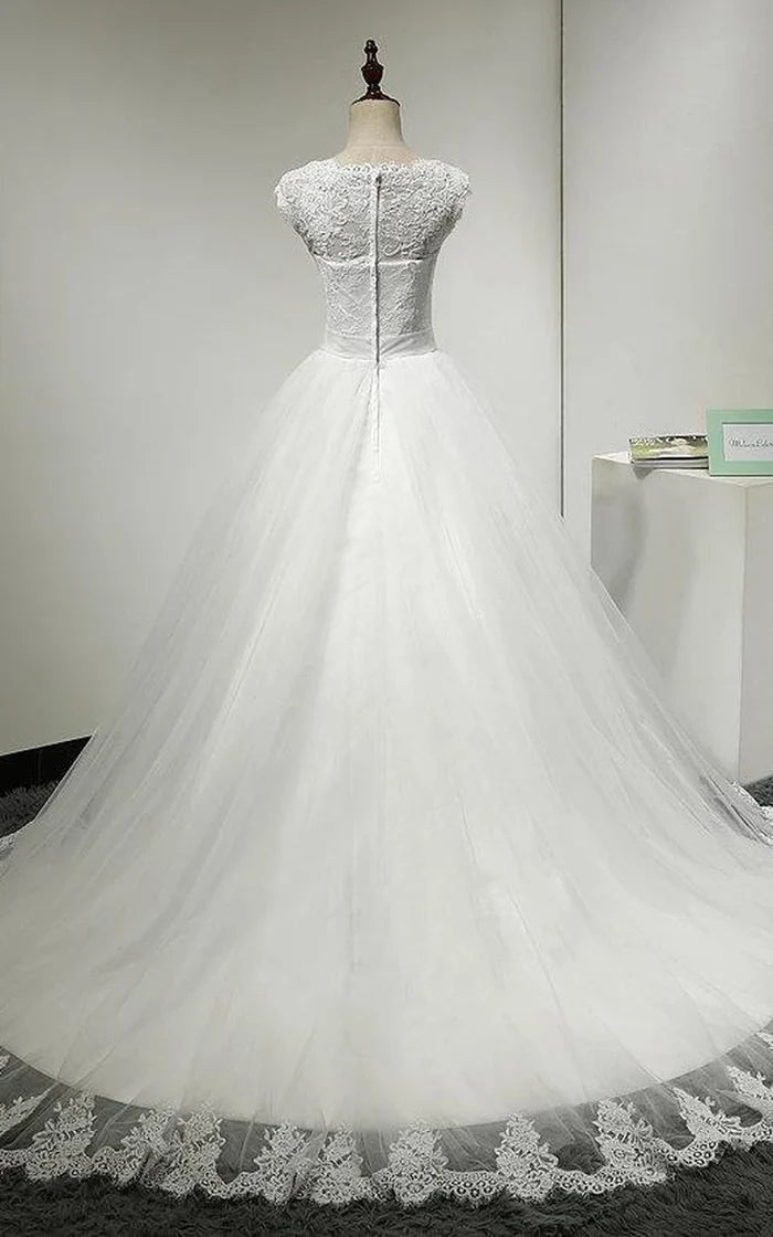 Buyishang Jewel Neck Cap Sleeve Tulle Ball Gown With Scalloped Hem