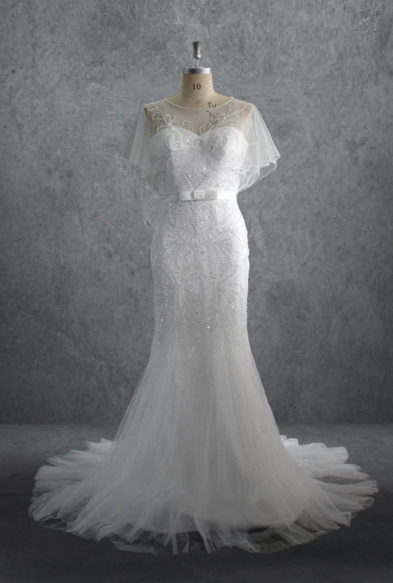 Buyishang Jewel Neck Tulle Mermaid Wedding Dress With Beading