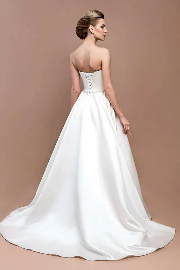 Buyishang Jewel Strapless Satin Lace Lace-Up Corset Back Wedding Dress