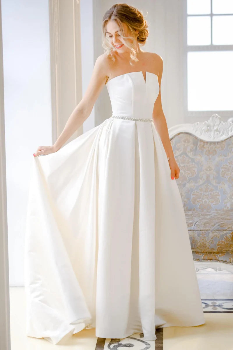 Buyishang Jewel Strapless Satin Lace Lace-Up Corset Back Wedding Dress