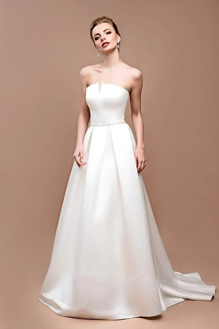 Buyishang Jewel Strapless Satin Lace Lace-Up Corset Back Wedding Dress