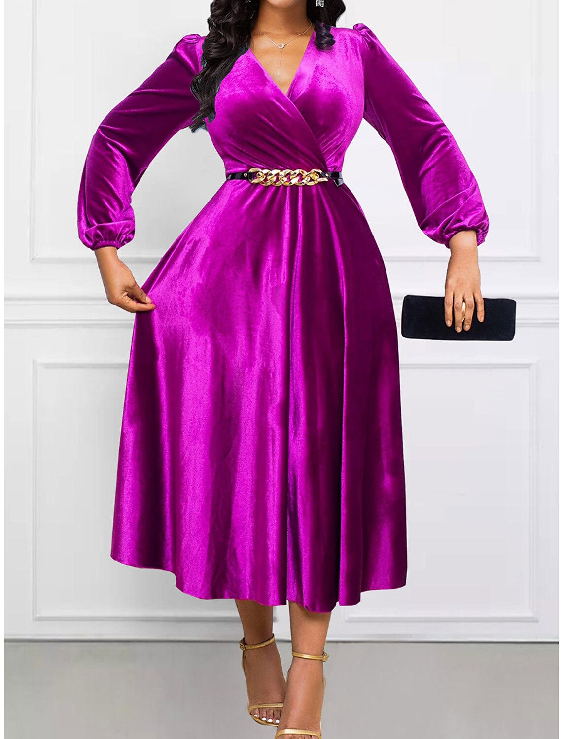 Women's Plus Size Curve Party Dress Green Velvet Dress Cocktail Dress Plain Midi Dress Long Sleeve Lace up Ruched V Neck Fashion Party