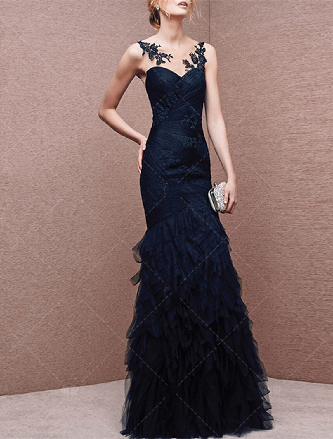 Mermaid / Trumpet Evening Gown Open Back Dress Formal Wedding Guest Floor Length Sleeveless Strapless Tulle with Ruched Appliques