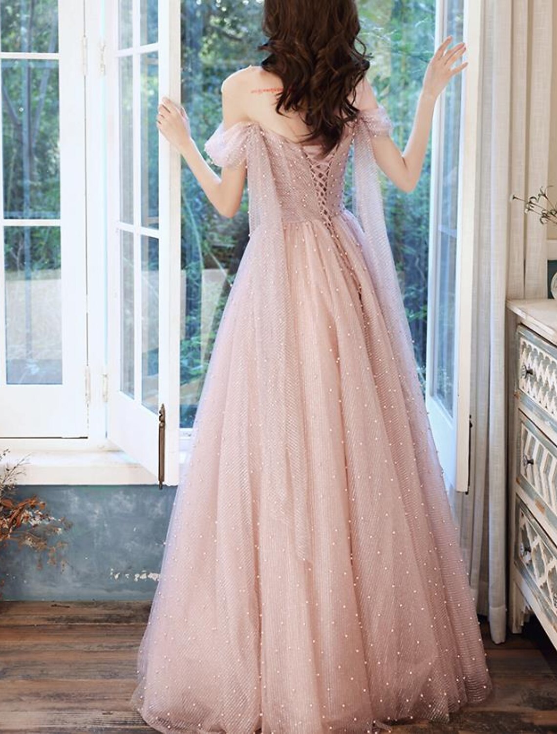A-Line Prom Dresses Glittering Dress Wedding Guest Engagement Floor Length Sleeveless Illusion Neck Tulle with Pleats Beading