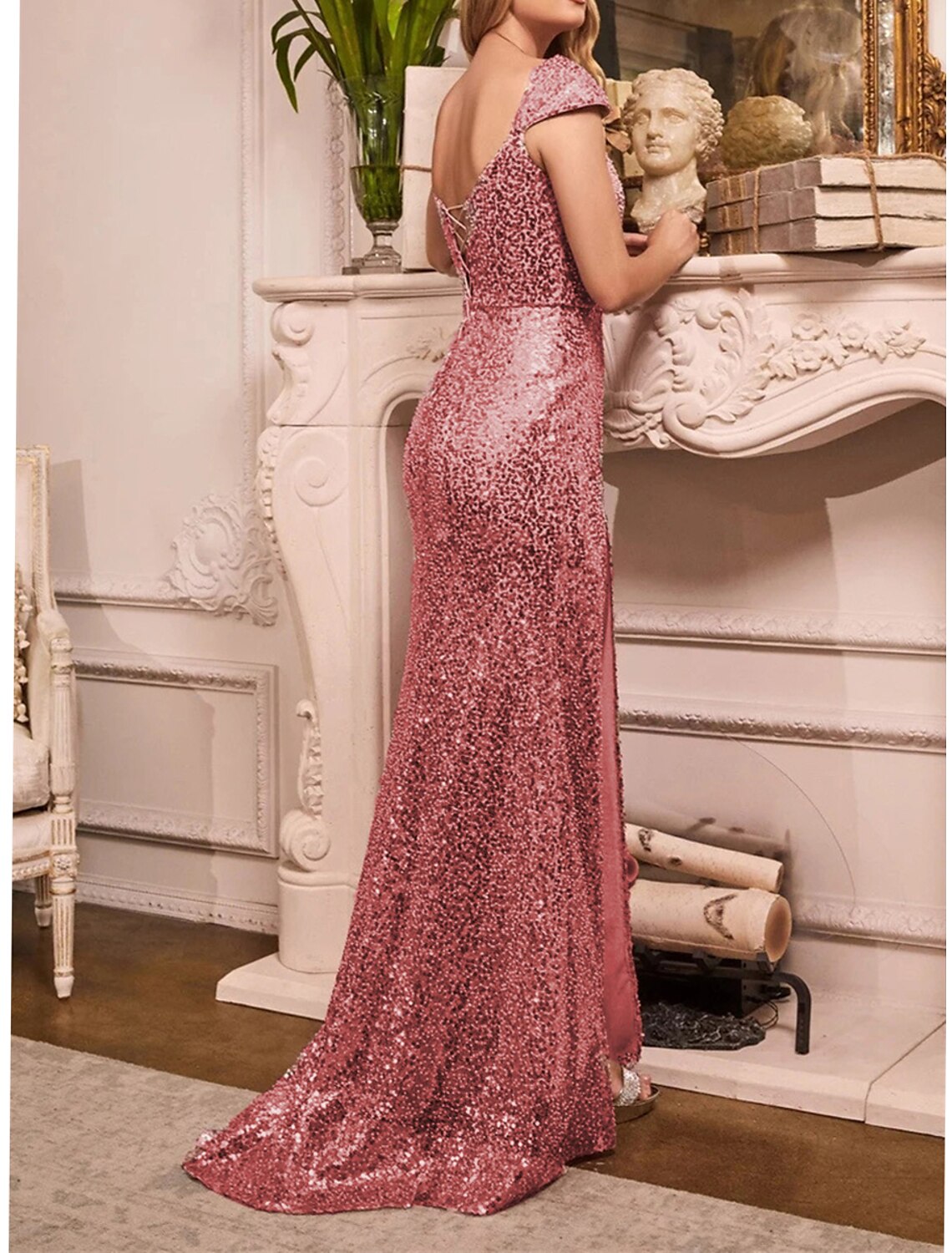 Women's Pink Sequin Dress Prom Dress Party Dress Sparkly Dress Long Dress Maxi Dress Sleeveless Fall Winter V Neck Fashion Winter Dress
