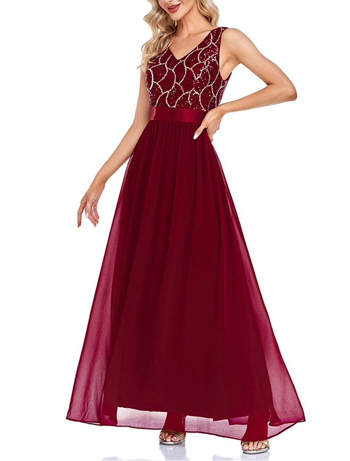 Women's Sequin Dress Prom Dress Party Dress Sparkly Dress Long Dress Maxi Dress Wine Sleeveless Geometric Sparkly Glitter Fall Winter V Neck Fashion Evening
