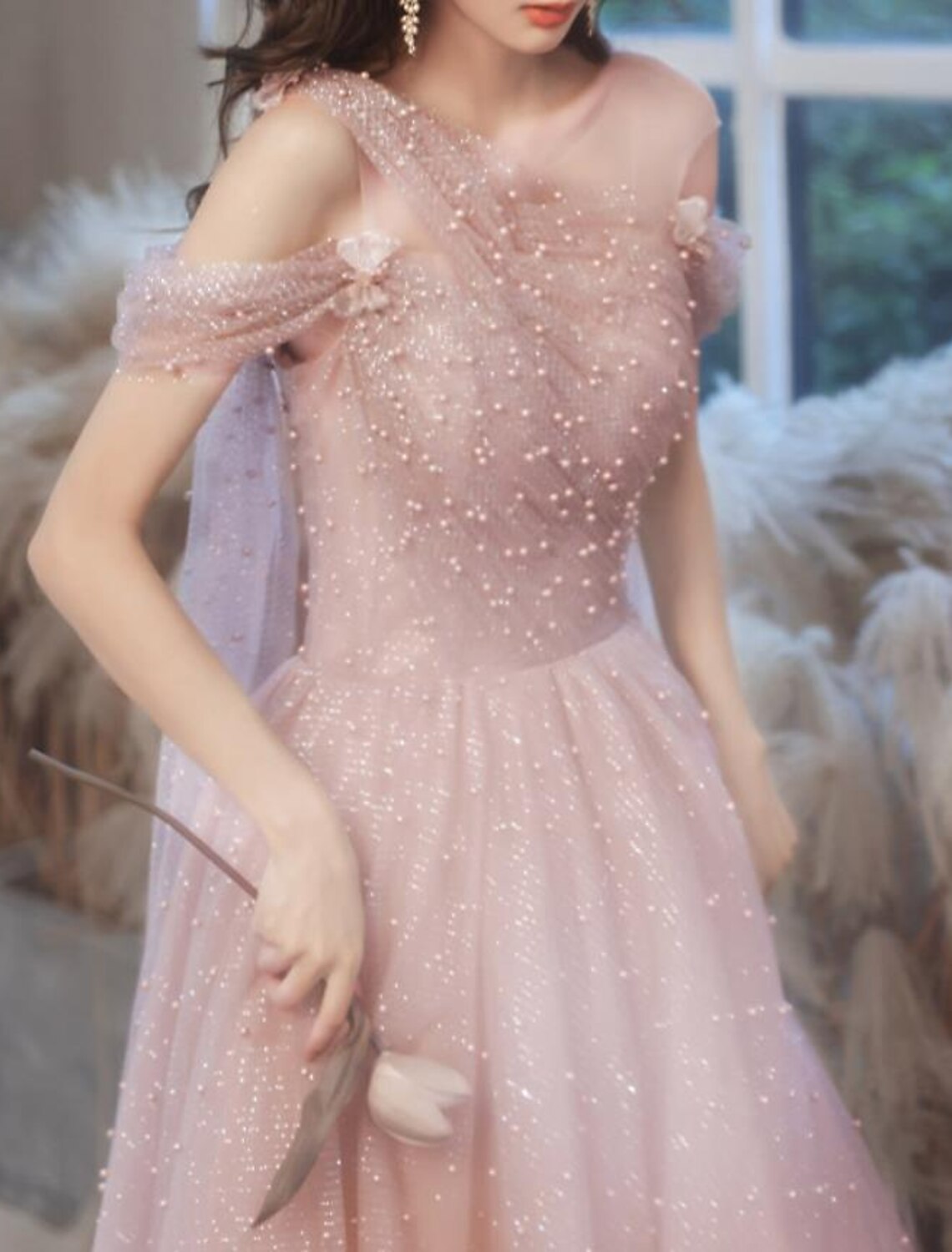 A-Line Prom Dresses Glittering Dress Wedding Guest Engagement Floor Length Sleeveless Illusion Neck Tulle with Pleats Beading