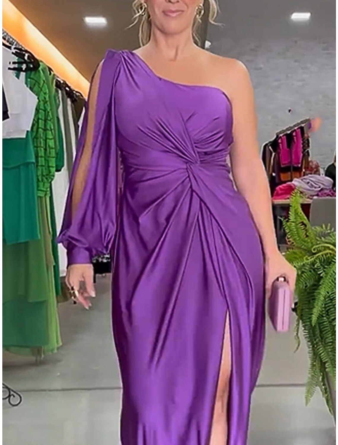 Women's Prom Dress Party Dress Satin Dress Long Dress Maxi Dress Purple Long Sleeve Pure Color Ruched Spring Fall Winter One Shoulder Fashion Winter Dress Evening Party Wedding Guest