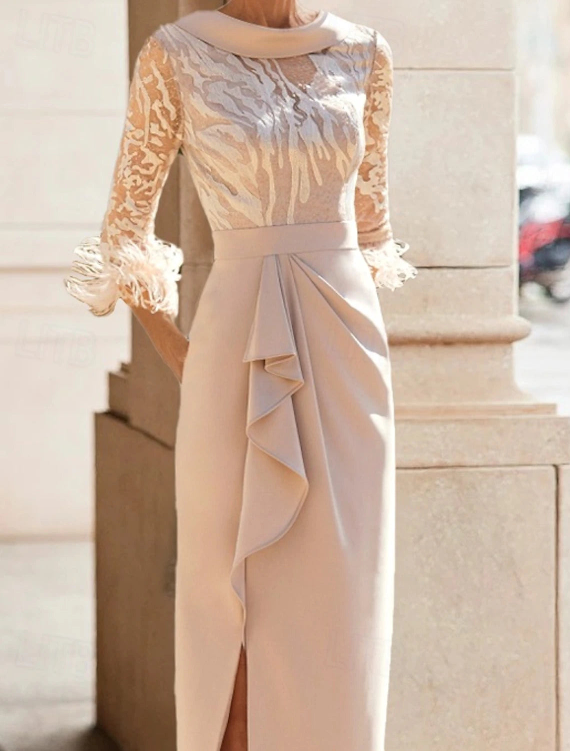 Buyishang Sheath / Column Mother of the Bride Dress Elegant Simple High Neck Tea Length Stretch Fabric 3/4 Length Sleeve with Feather Lace Pleats free custom size