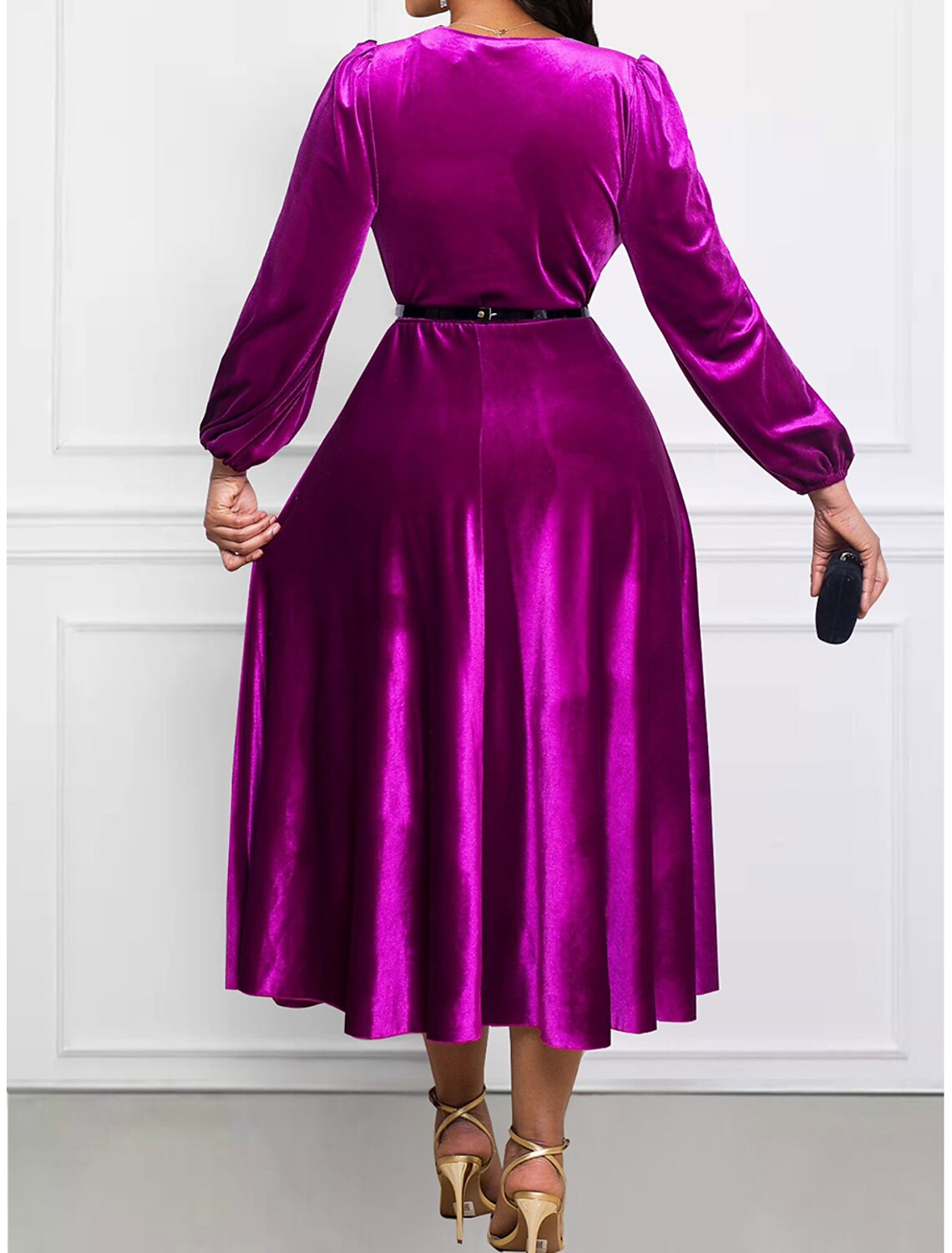 Women's Plus Size Curve Party Dress Green Velvet Dress Cocktail Dress Plain Midi Dress Long Sleeve Lace up Ruched V Neck Fashion Party