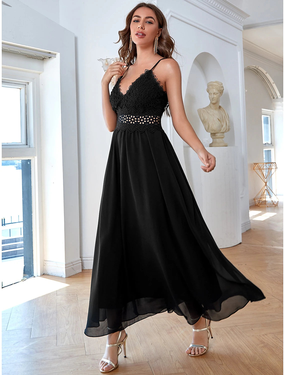 A-Line Evening Gown Elegant Dress Party Wear Formal Evening Ankle Length Sleeveless Spaghetti Strap Chiffon with Sequin Pure Color Splicing
