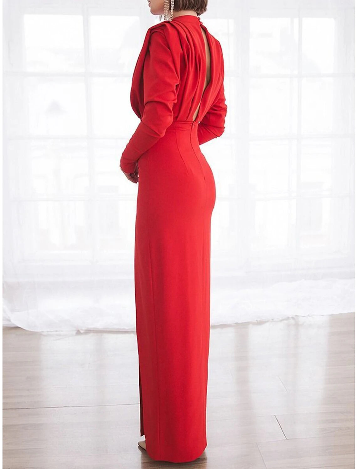 Women's Prom Dress Party Dress Wedding Guest Dress Long Dress Maxi Dress Black White Red Long Sleeve Pure Color Ruched Fall Winter Autumn Crew Neck Fashion Winter Dress Wedding Guest Evening Party