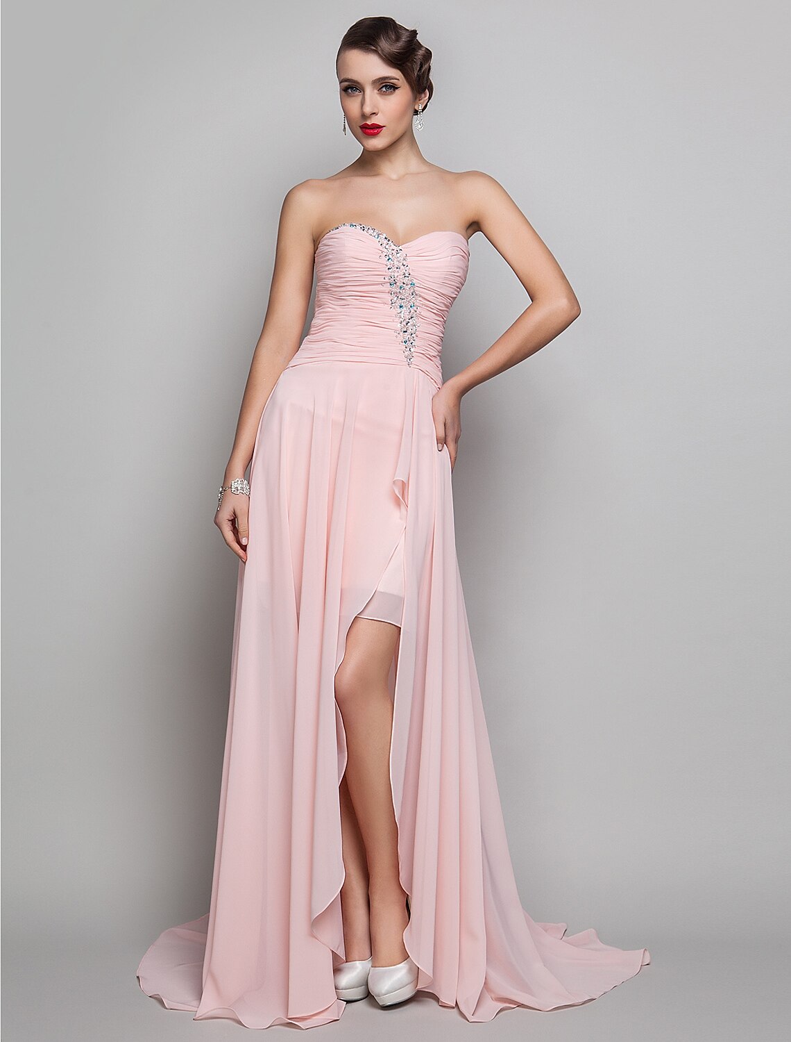 Sheath / Column Sweetheart Neckline Floor Length Chiffon Dress with Beading / Split Front / Ruched