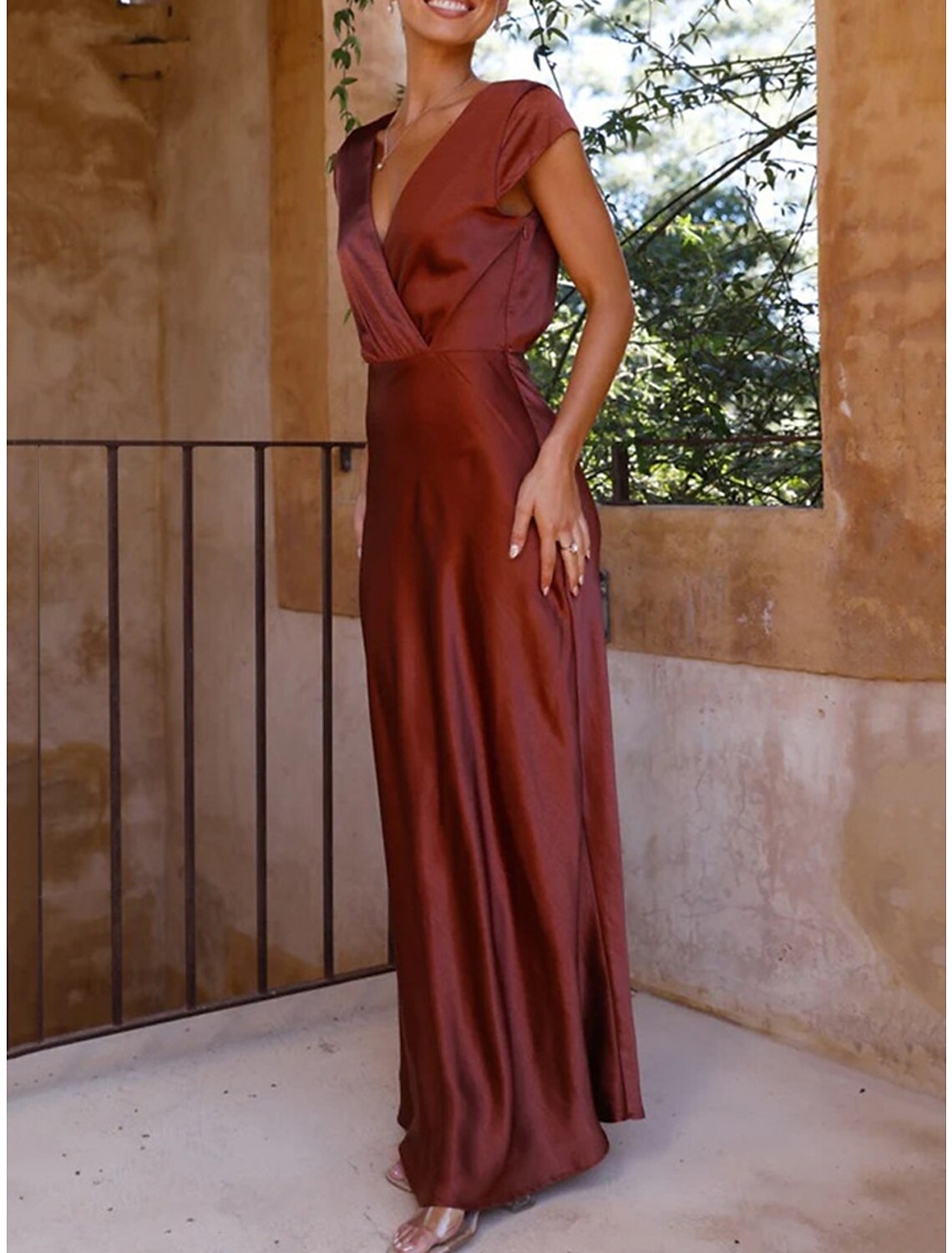 Women's Black Dress Prom Dress Party Dress Long Dress Maxi Dress Black Brown Light Blue Sleeveless Plain Ruched Summer Spring Fall V Neck Elegant Wedding Guest Evening Party Vacation