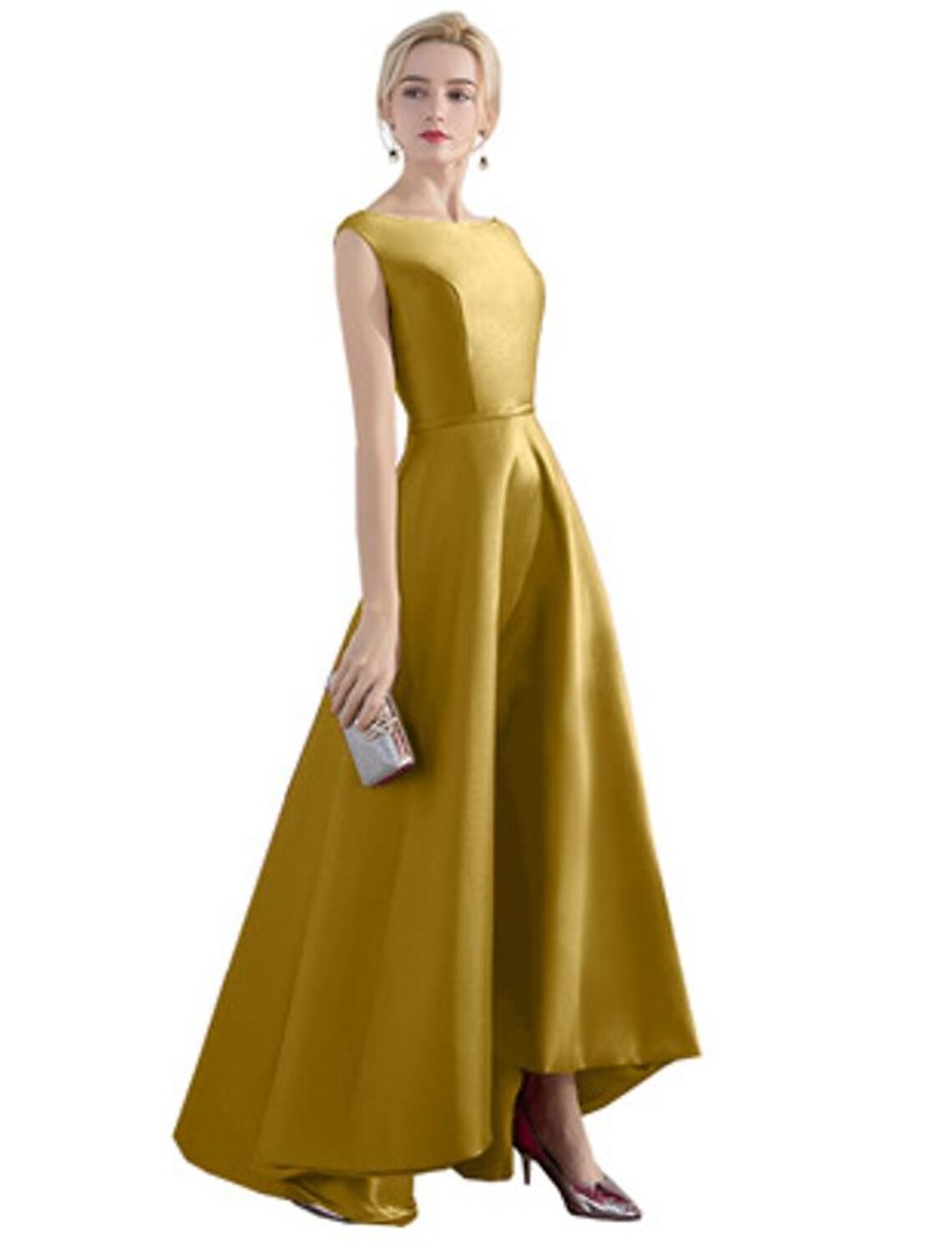 A-Line Evening Gown Minimalist Dress Party Wear Formal Evening Asymmetrical Sleeveless Jewel Neck Satin with Sleek