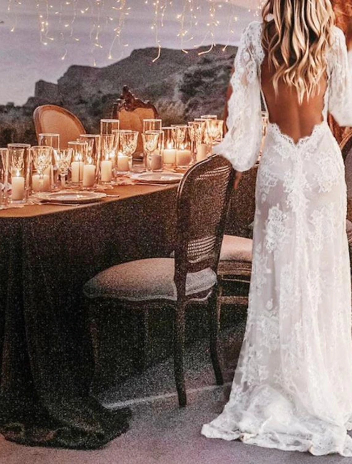 Buyishang Beach Sexy Boho Wedding Dresses A-Line V Neck Long Sleeve Sweep / Brush Train Lace Bridal Gowns With Appliques Split Front