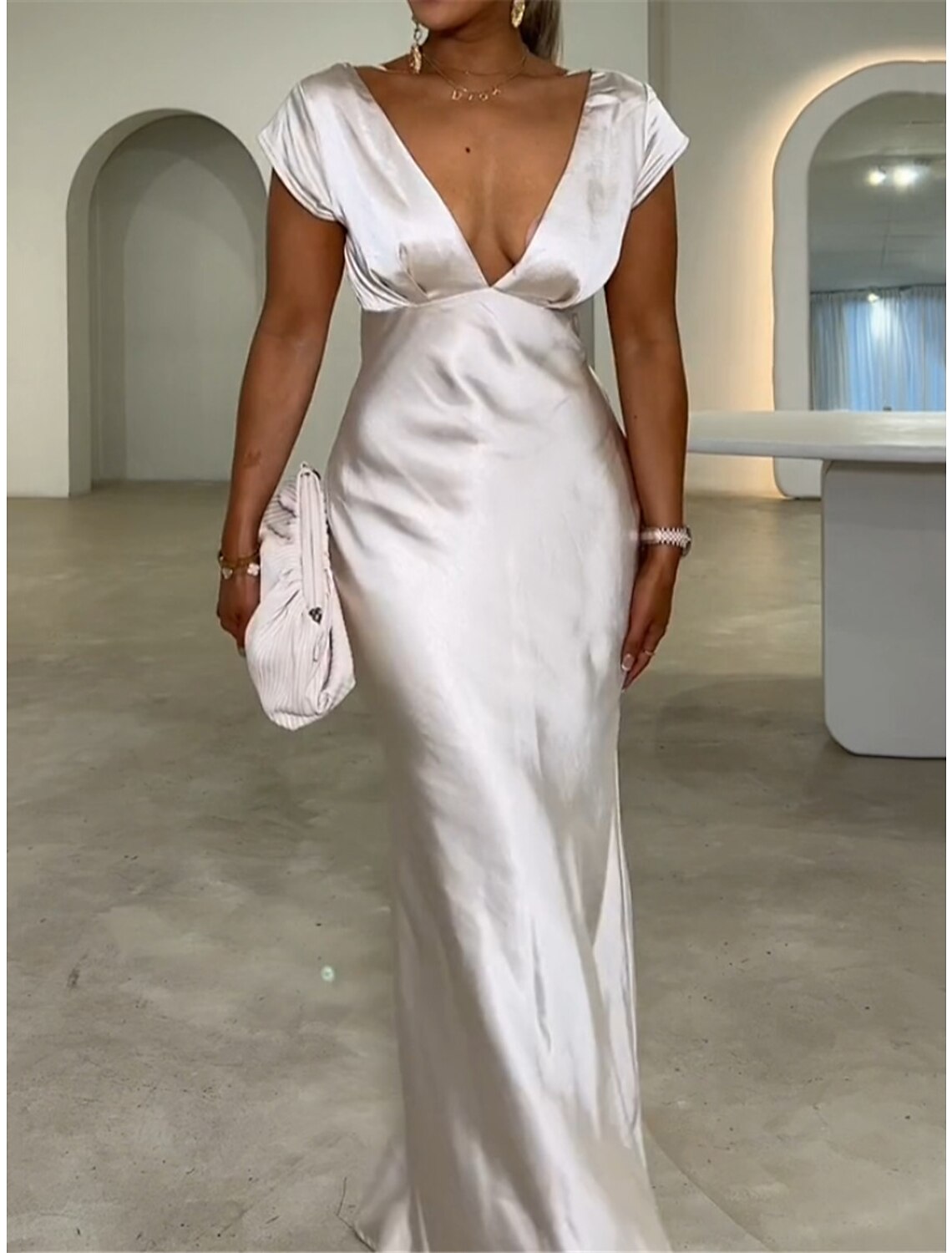 Women's Prom Dress Party Dress Wedding Guest Dress Long Dress Maxi Dress White Short Sleeve Plain Backless Spring Fall Winter V Neck Elegant Wedding Guest Evening Party