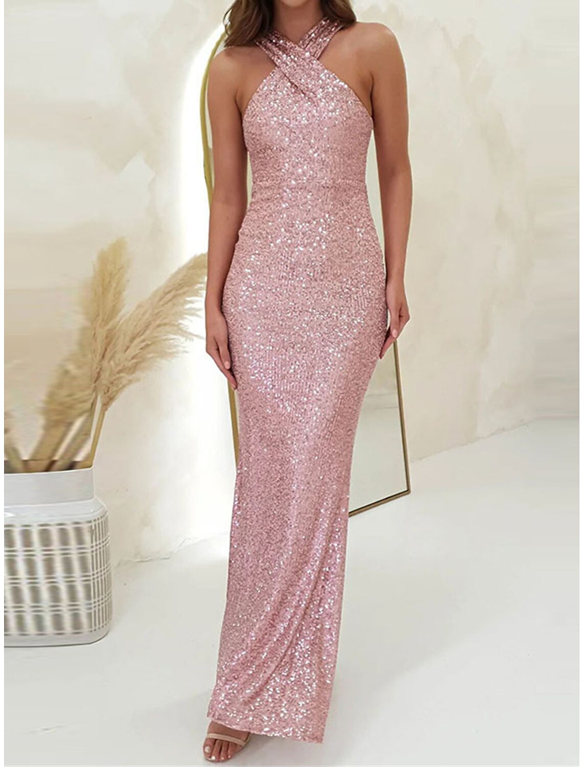 Women's Sequin Dress Prom Dress Party Dress Long Dress Maxi Dress Black Pink Red Sleeveless Plain Sequins Summer Spring Fall Halter Neck Elegant Wedding Guest Birthday Evening Party