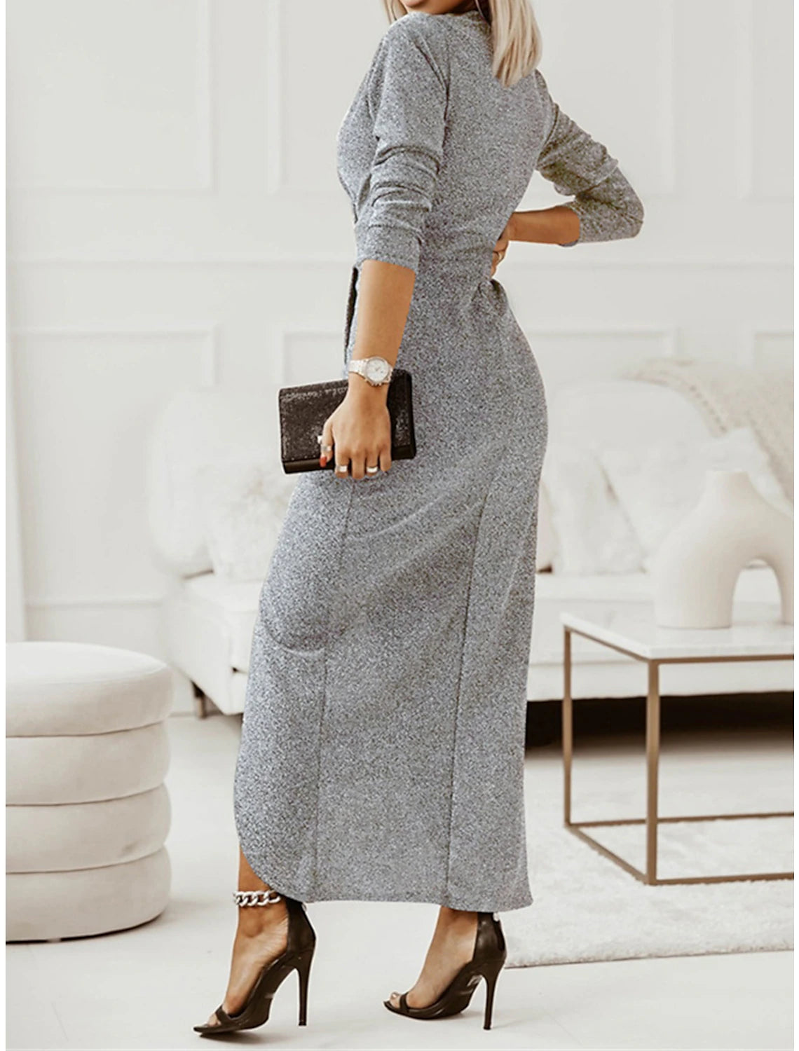 Women's Party Dress Wedding Guest Dress Sheath Dress Long Dress Maxi Dress Silver Black Gold Long Sleeve Pure Color Ruched Spring Fall Winter V Neck Fashion Winter Dress Wedding Guest Birthday