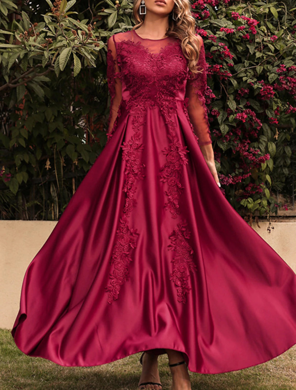 Women's Prom Dress Party Dress Lace Dress Long Dress Maxi Dress Red 3/4 Length Sleeve Pure Color Lace Spring Fall Winter Crew Neck Red Valentines Dress Party Winter Dress Valentine's Day