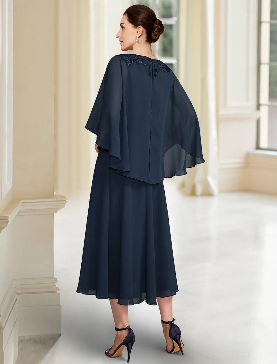 Buyishang A-Line Mother of the Bride Dress Elegant V Neck Tea Length Chiffon 3/4 Length Sleeve with Lace free custom size