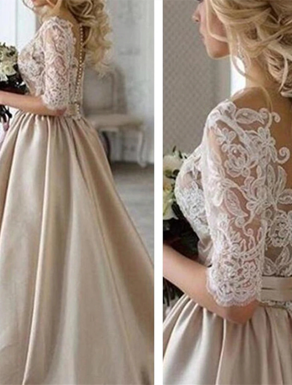 Buyishang Hall Formal Wedding Dresses A-Line Illusion Neck Half Sleeve Court Train Satin Bridal Gowns With Buttons Appliques