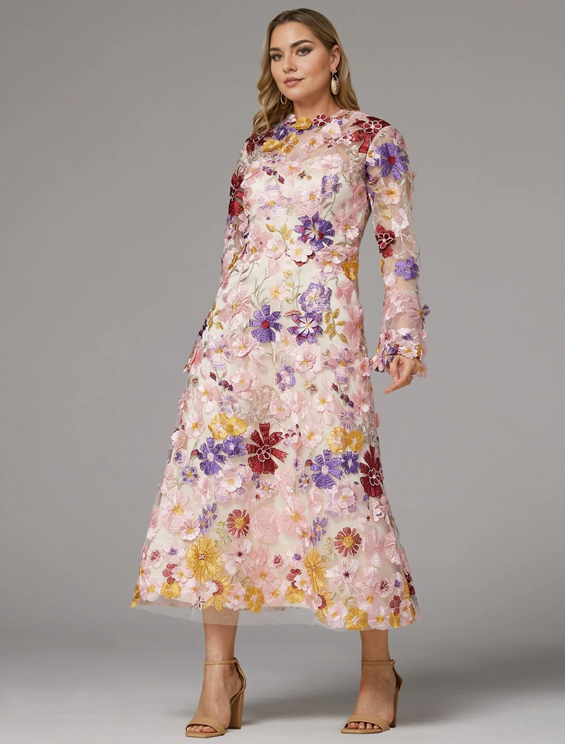 Buyishang A-Line Plus Size Curve Dress Mother of the Bride Dress Formal Wedding Guest Elegant High Neck Ankle Length Tulle Long Sleeve with Embroidery Flower