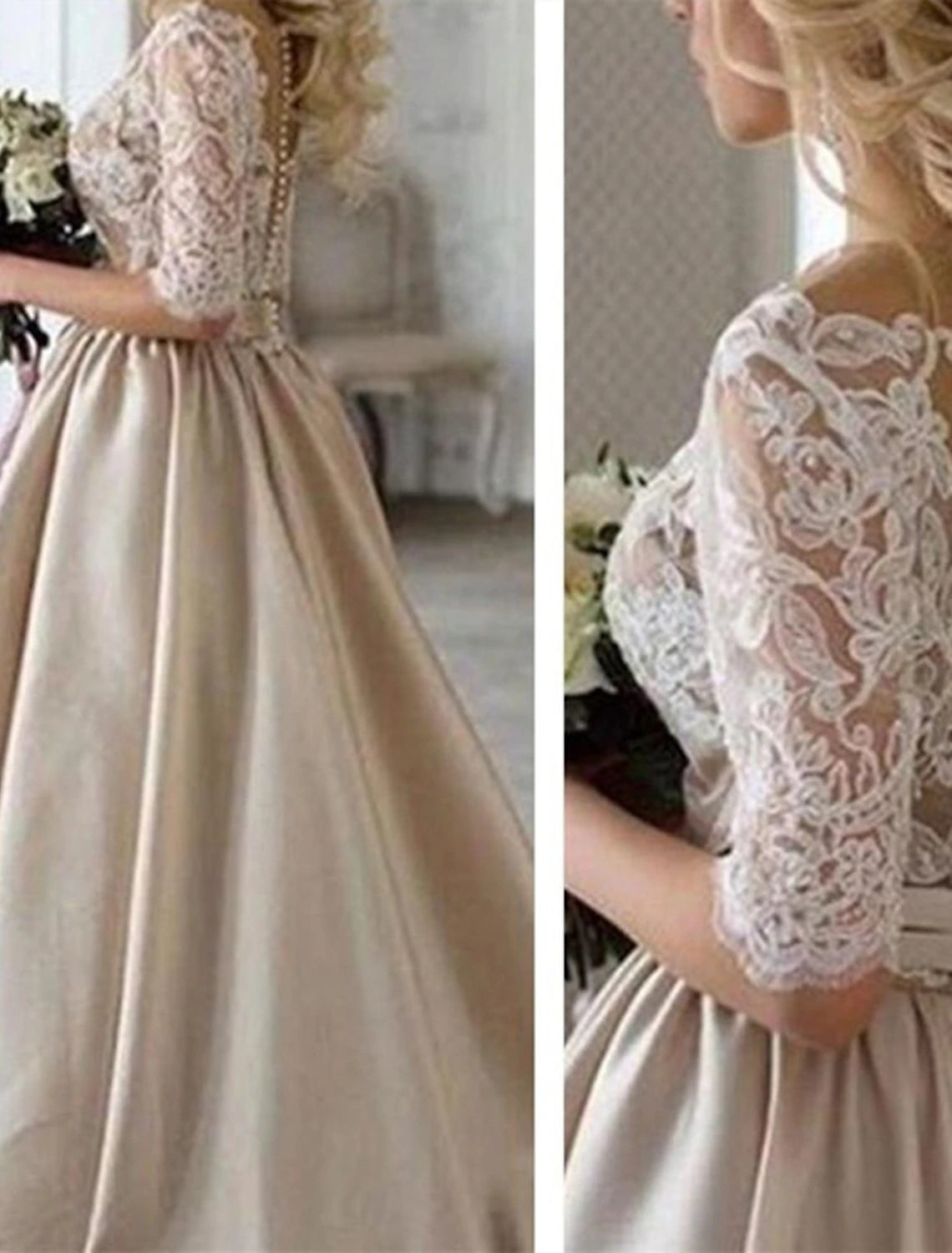 Buyishang Hall Formal Wedding Dresses A-Line Illusion Neck Half Sleeve Court Train Satin Bridal Gowns With Buttons Appliques