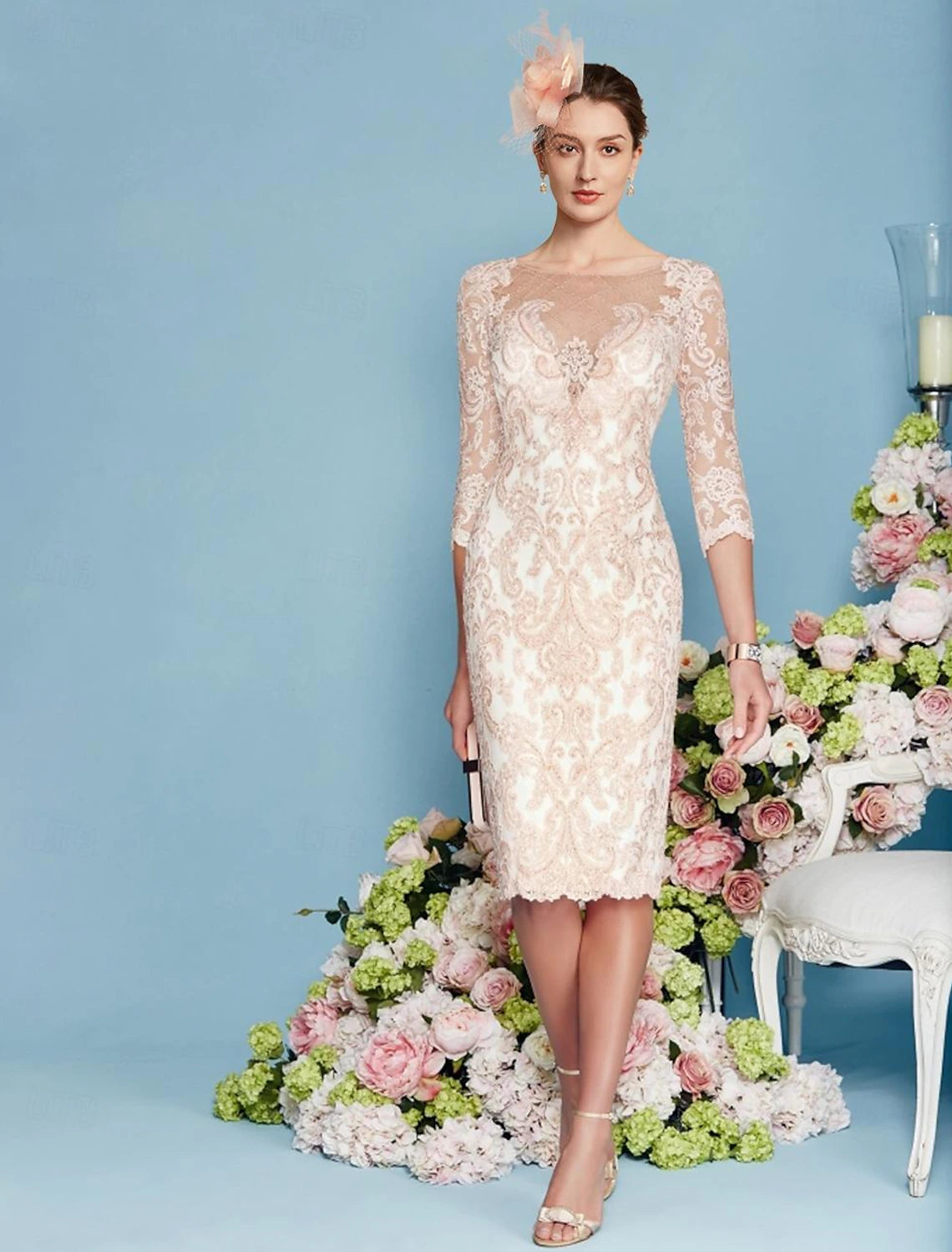 Buyishang Two Piece Sheath Mother of the Bride Dress Elegant Jewel Neck Knee Length Chiffon Lace 3/4 Length Sleeve Wrap Included Jacket Dresses with Beading Appliques free custom size