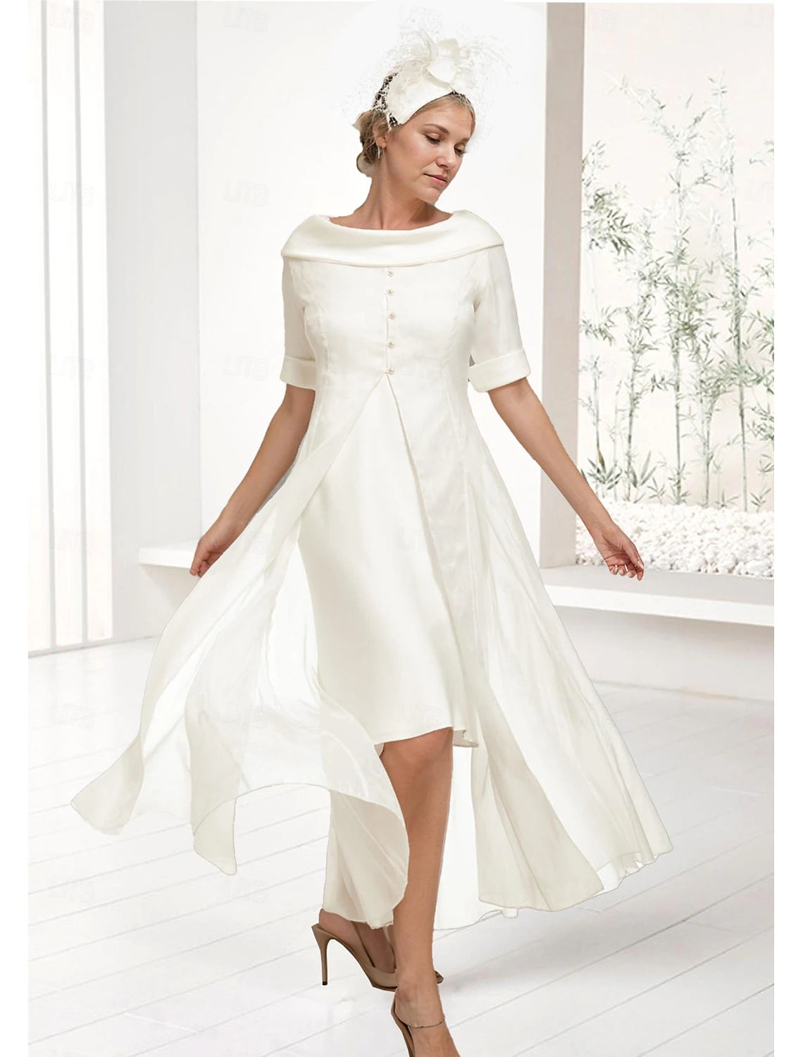 Buyishang Two Piece Sheath / Column Mother of the Bride Dress Elegant Off Shoulder Knee Length Chiffon Half Sleeve Wrap Included with Buttons Solid Color free custom size
