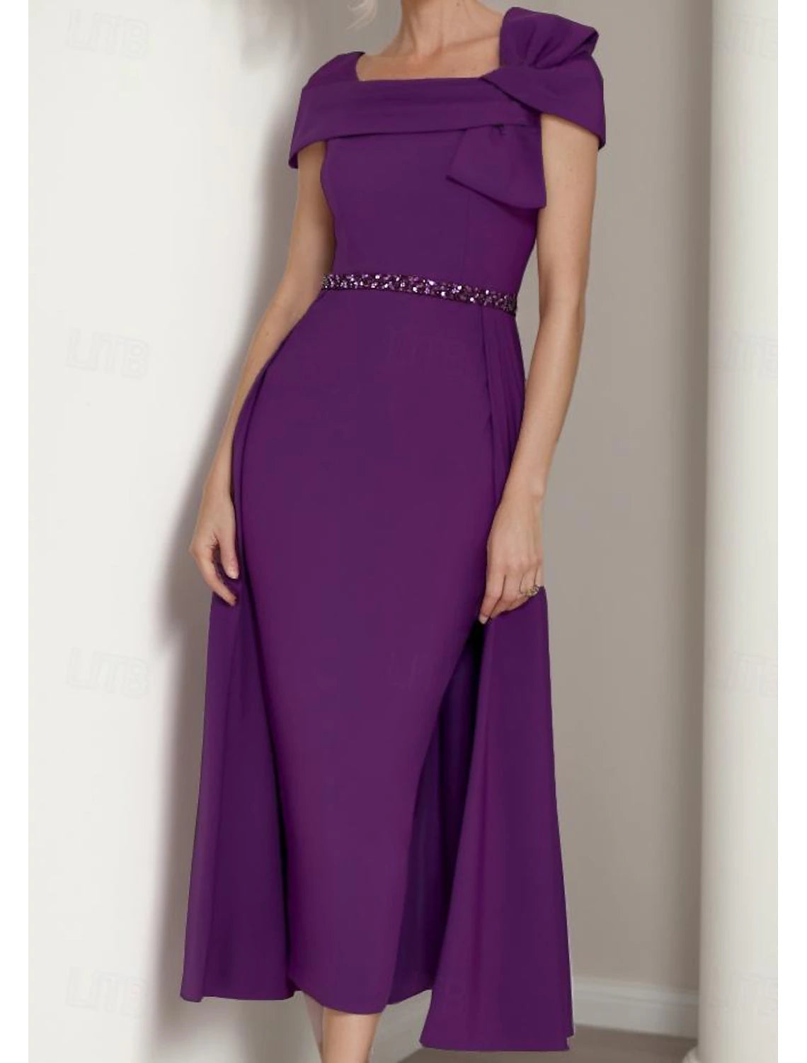 Buyishang Sheath Mother of the Bride Dress Elegant Square Neck Tea Length Stretch Fabric Short Sleeve with Bow(s) Tier Solid Color free custom size