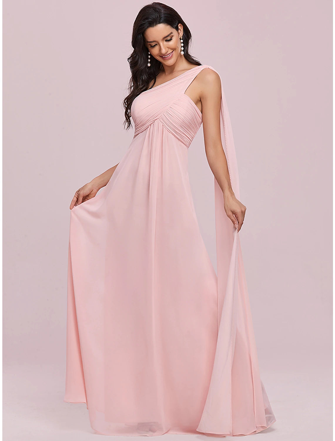 A-Line Evening Gown Empire Dress Formal Evening Floor Length Sleeveless One Shoulder Bridesmaid Dress Chiffon Backless with Pleats Draping